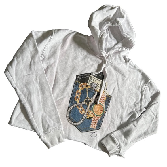 LANE SEVEN WHITE CROPPED HOODIE WITH PRINT OF MONEY WND JEWELS SIZE MEDIUM - Picture 2 of 6